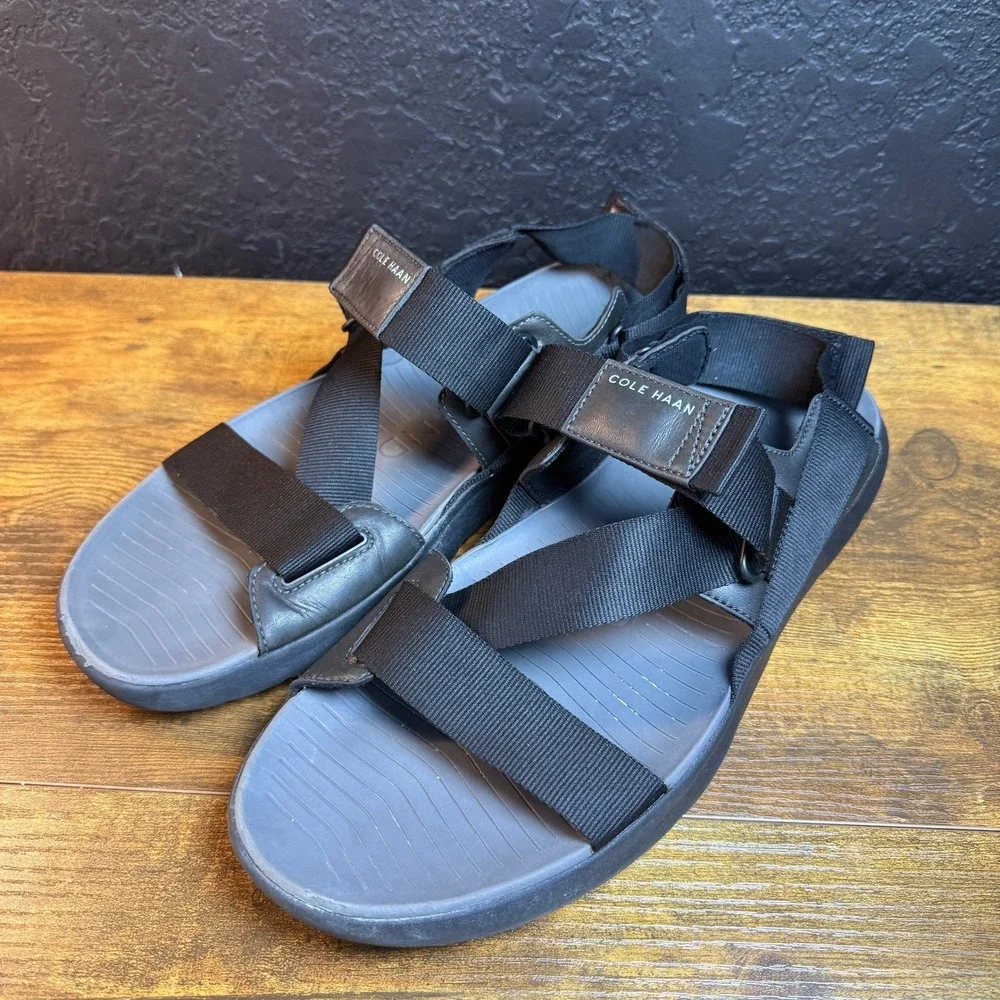 Cole Haan Zerogrand All-Day‎ C30693 Black Nylon Leather Sport Sandal Mens 12